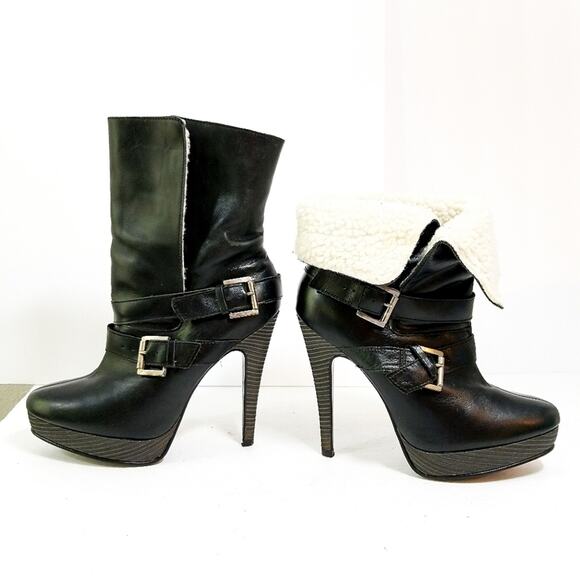 Andrea foldover leather & vegan shearling platform booties 8 - Picture 1 of 12